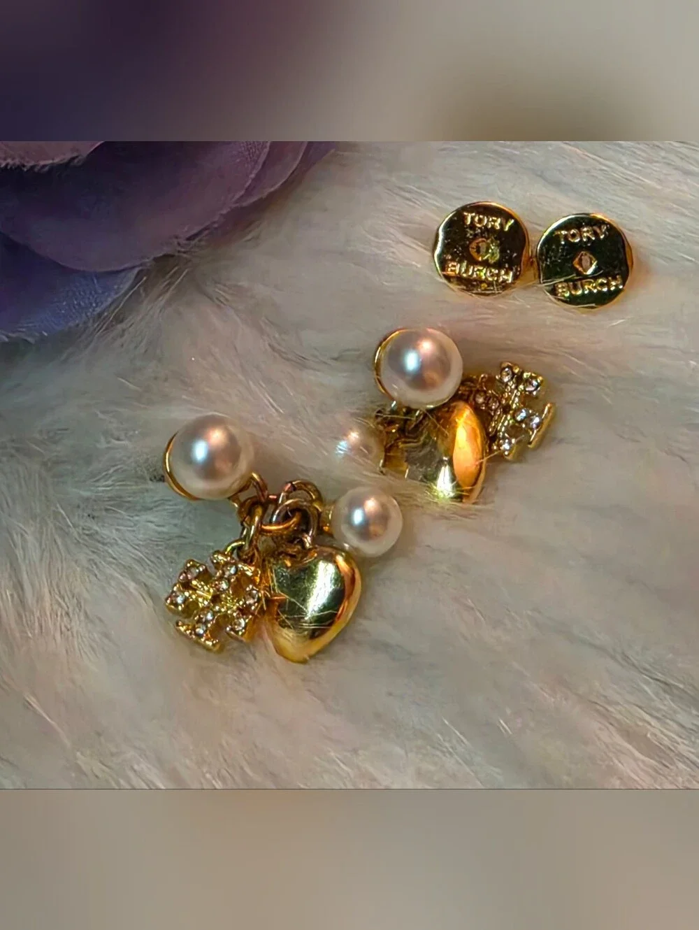 EUC Tory Burch Kira Pearl Crystal Heart Charm Drop Earrings Gold